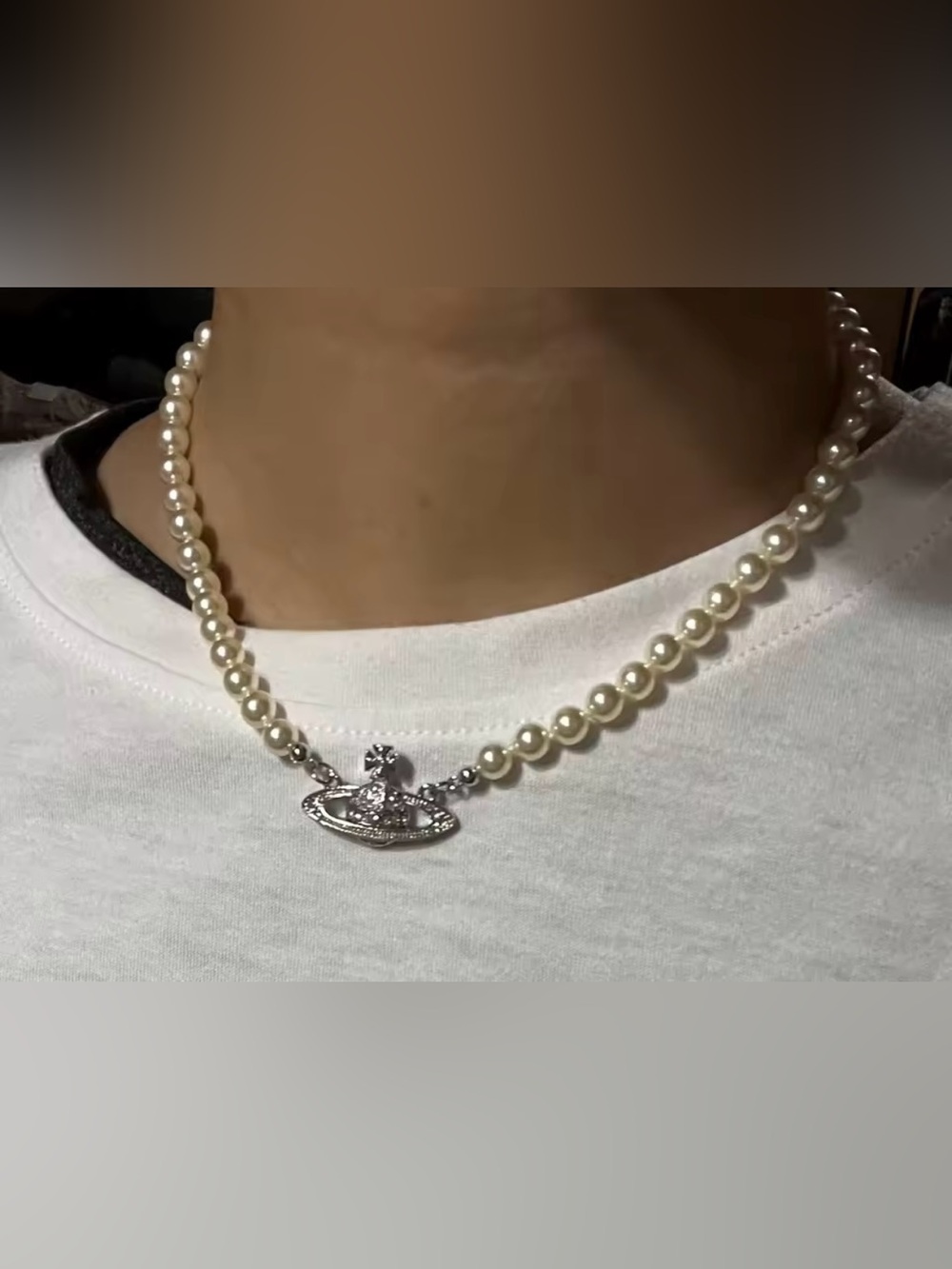 Pearl Vivienne Westwood Necklace with Silver Orb Pendant - White